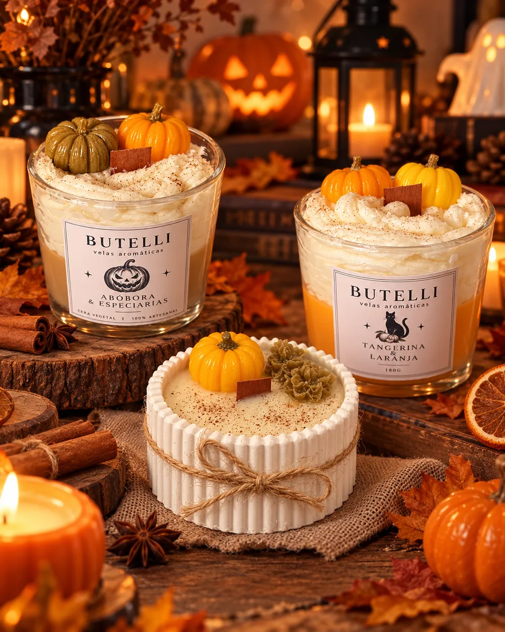 As velas Butelli A Abóbora Encantada, A Abóbora Rústica e O Gato da Sorte numa mesa decorada para o Halloween
